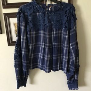 NWT FREE PEOPLE PLAID BALLOON BUBBLE SLEEVE TOP